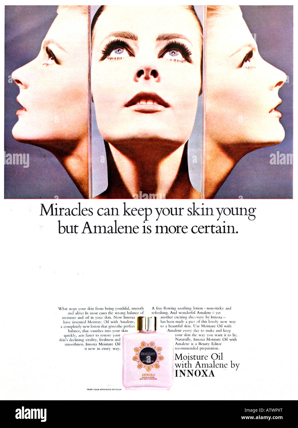 1960er Jahre Nova Magazin Oktober 1968 Werbung für Feuchtigkeit Öl mit Amalene Kosmetik von Innoxa für nur zur redaktionellen Nutzung Stockfoto