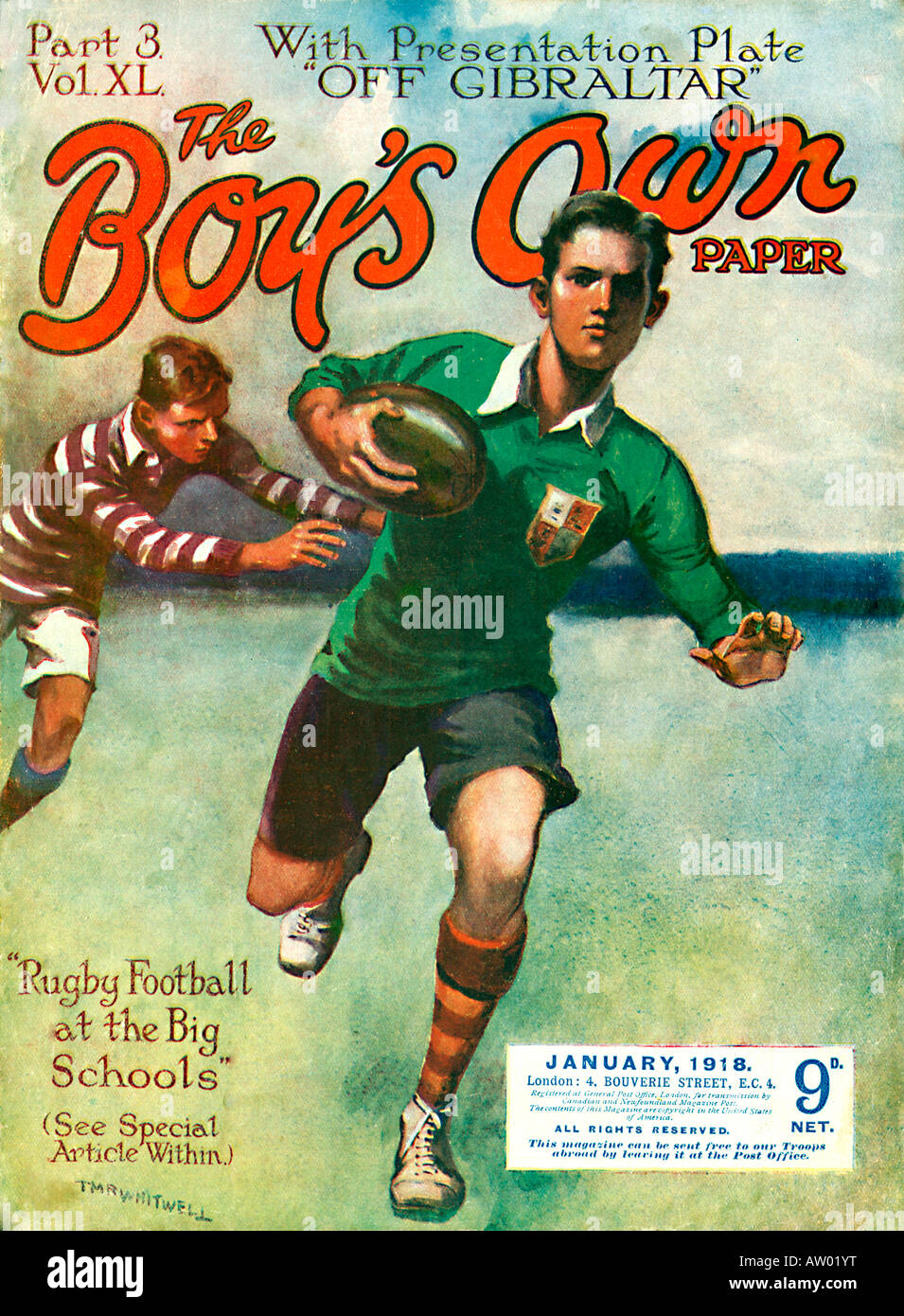 Jungs besitzen Rugby 1918-Cover der Jungs-Zeitschrift mit einer Szene aus einem Spiel von Schul-Rugby Stockfoto