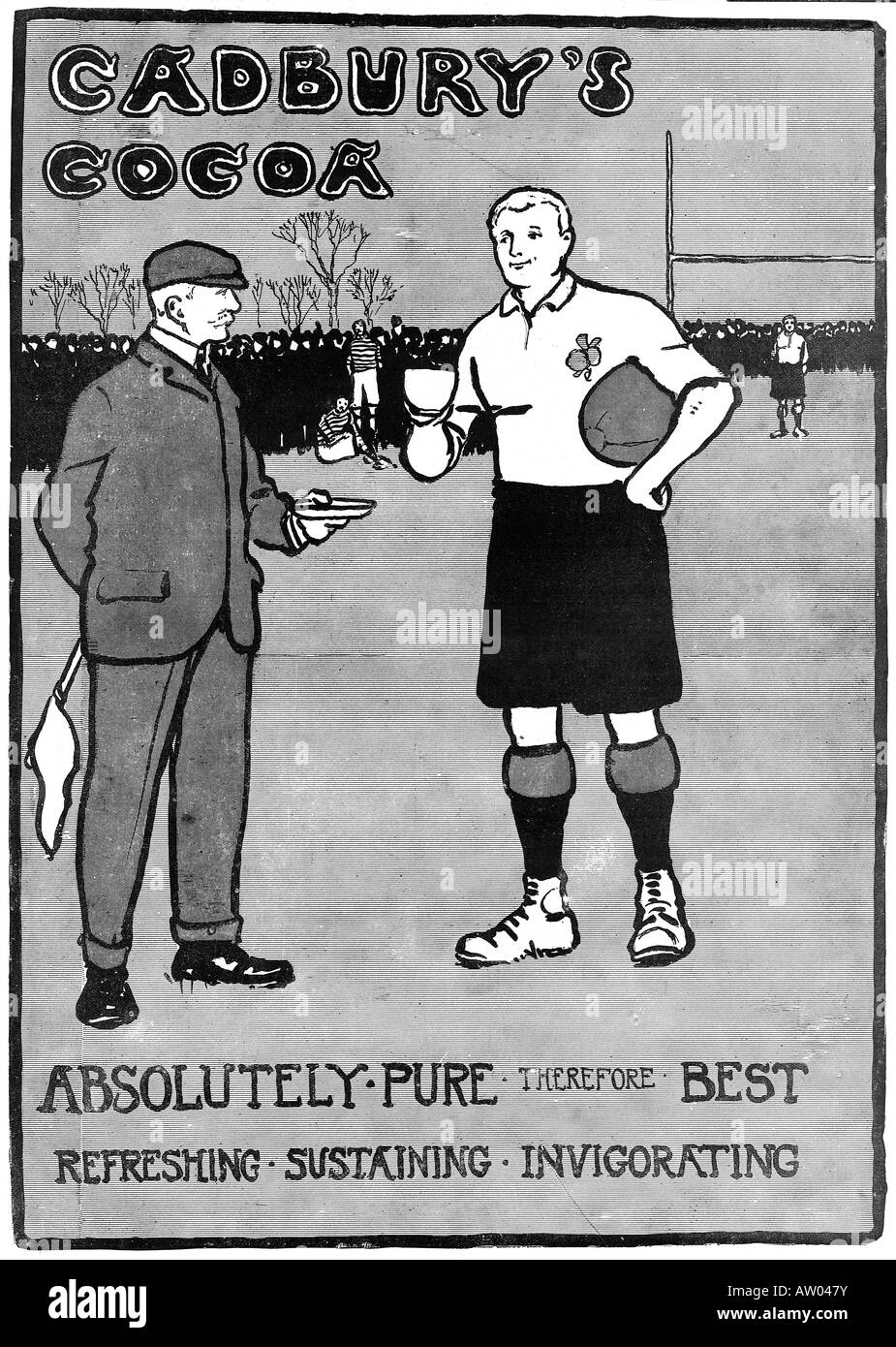 Cadburys Kakao Rugby 1901 Anzeige für die heiße Schokolade trinken hier serviert in der Halbzeitpause in einem match Stockfoto