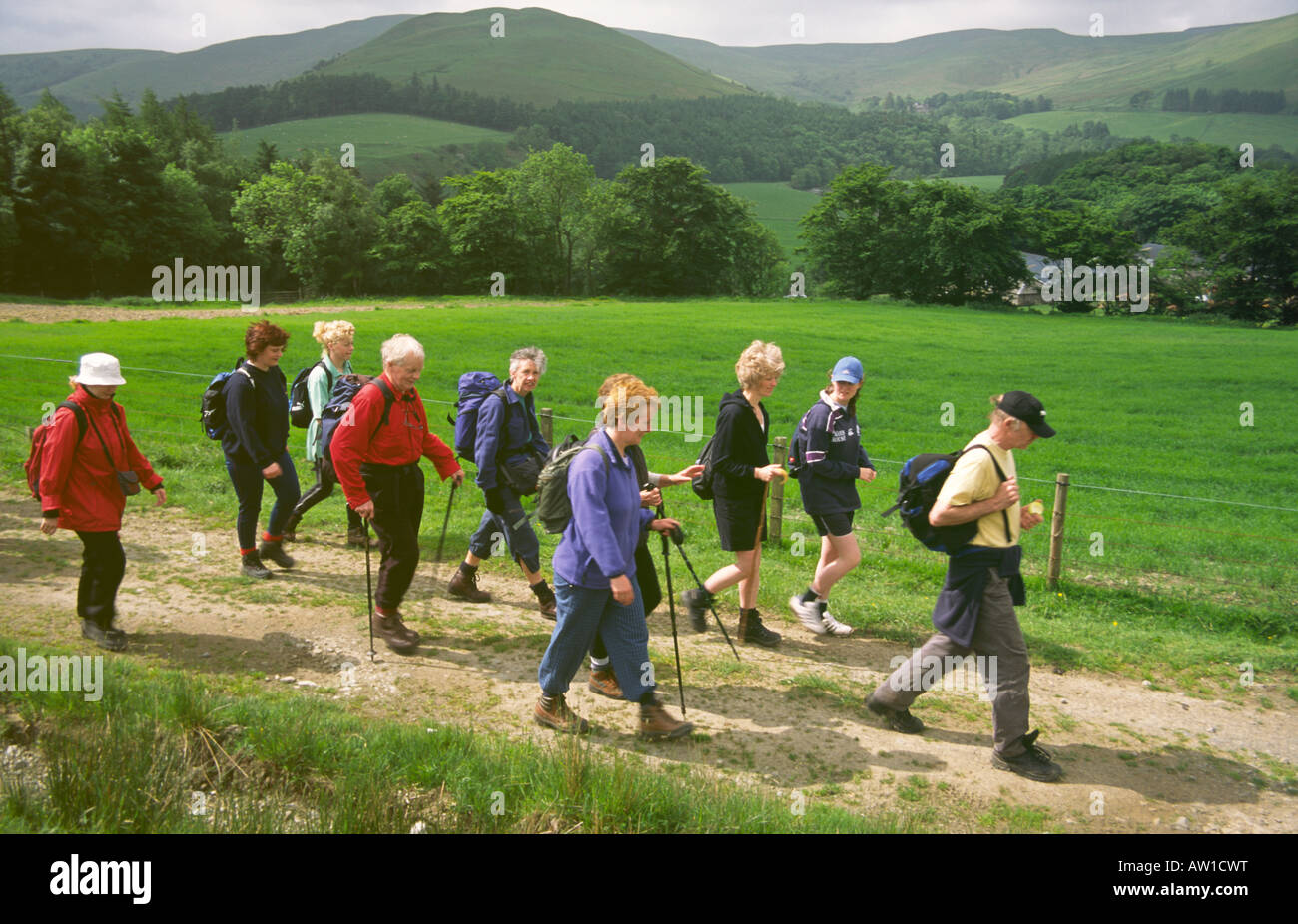 Langholm Walking Festival Wanderer zu Fuß in der Nähe von Potholm Blick auf Clark verliebte sich in die westliche Grenze Hügel Scotland UK Stockfoto