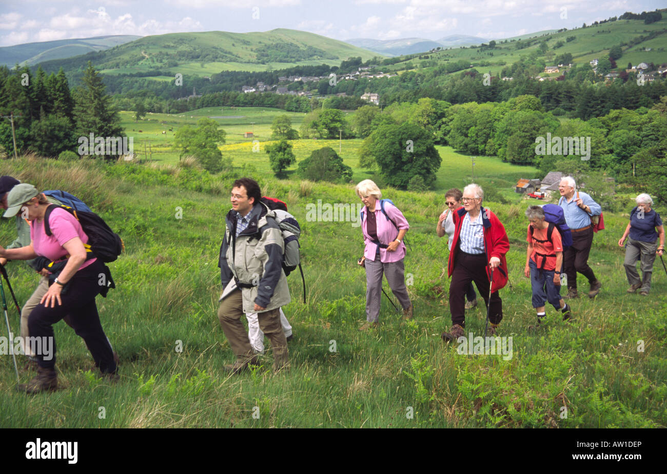 Frühling Langholm Walking Festival Wanderer zu Fuß bergauf Ward Law in die westliche Grenze Hügel Scotland UK Stockfoto