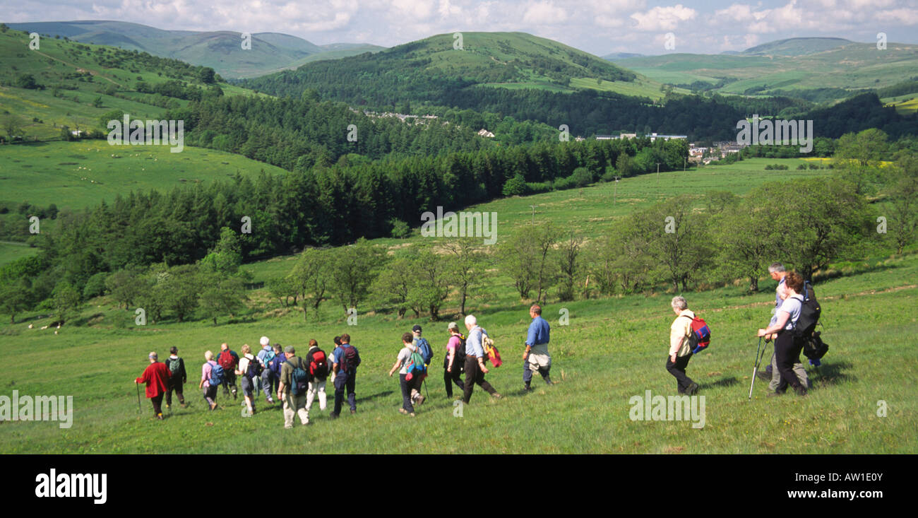 Langholm Walking Festival Wanderer zu Fuß aus Ward Law Hügel mit Potholm Hügel hinter in die westliche Grenze Hügel Scotland UK Stockfoto