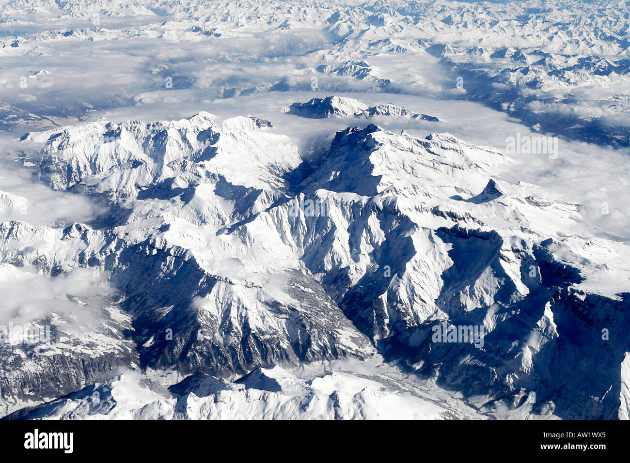 Blick aus einem Flugzeug, Alpen Stockfoto