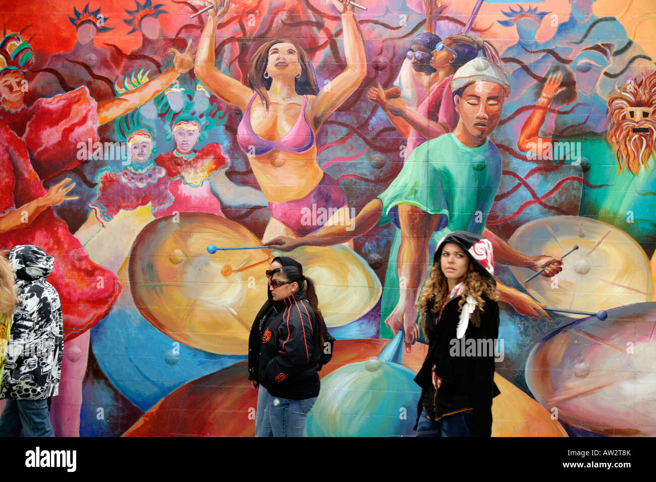 Menschen Sie genießen Carnaval Straßenfest nach die Parade gehen vorbei an einem bunten Wandgemälde in San Francisco Kalifornien, USA Stockfoto