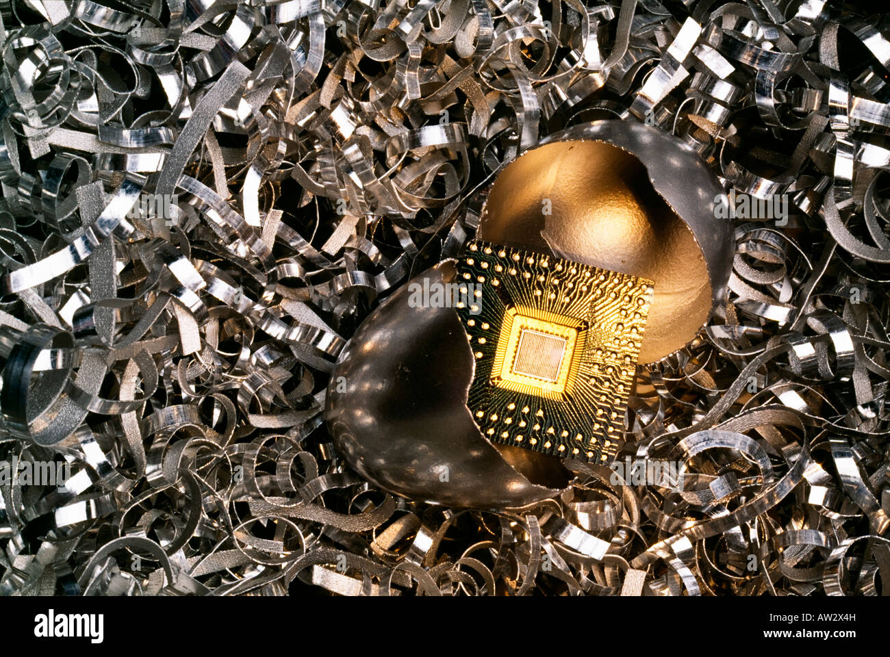 Nest mit einem gebrochenen Silber Ei mit einem Mikro-chip Stockfoto