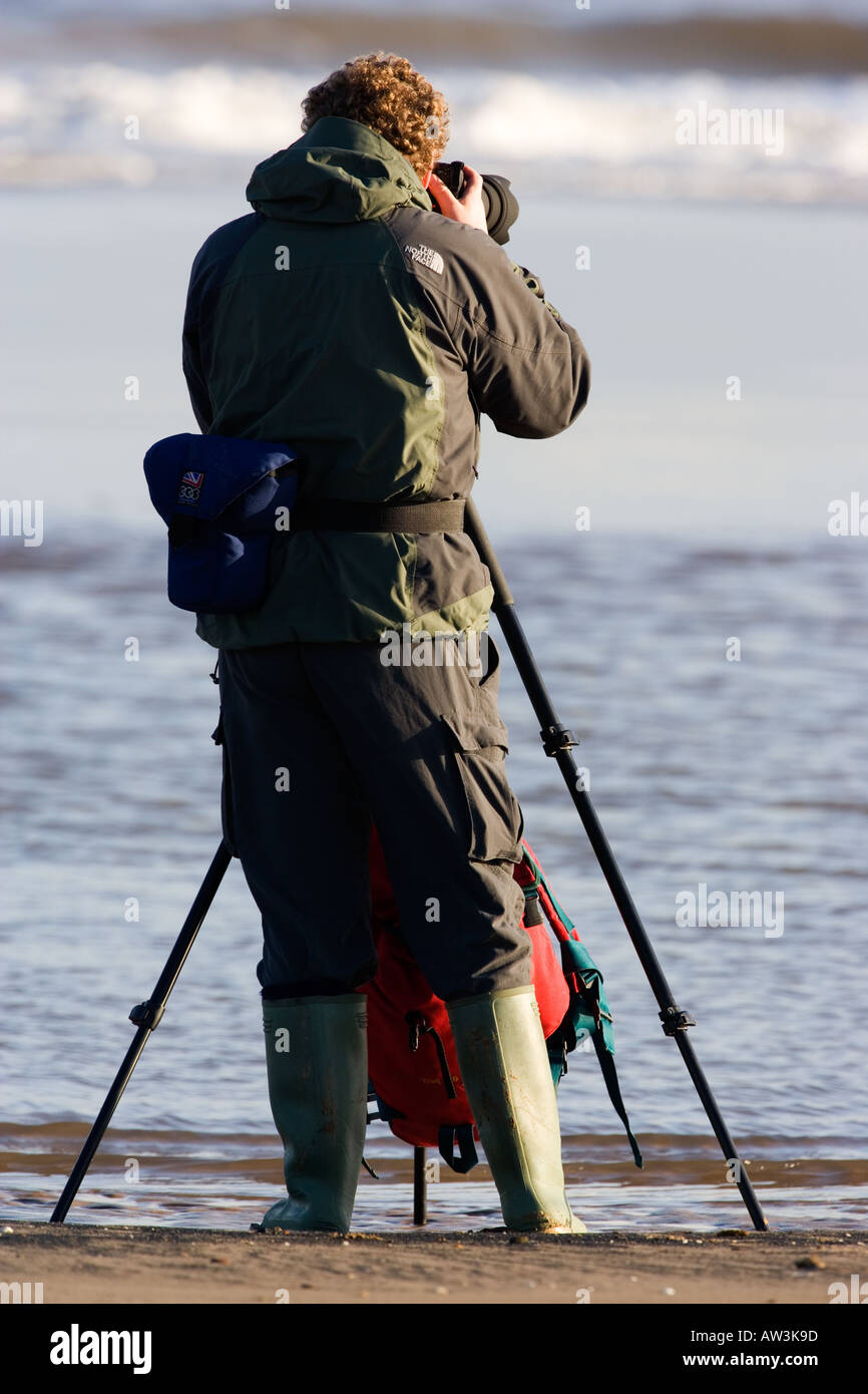 Mann, die Dichtungen an Donna Nook Lincolnshire mit Kamera und Stativ zu fotografieren Stockfoto