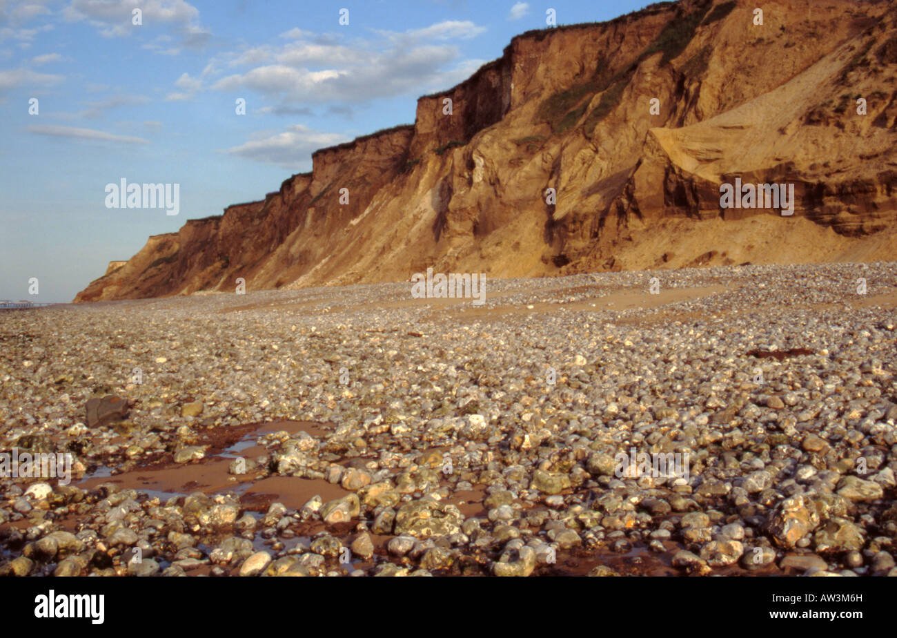 Flint Kiesel bedeckt Sandstrand mit "Ice Age" Gletscher Kaution Klippen hinaus West Runton, Norfolk, England, UK. Stockfoto