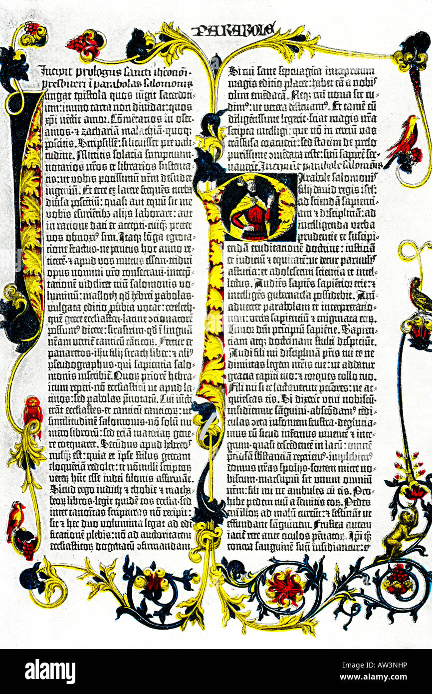Gutenbergs-Bibel. Wahrscheinlich die erste Ausgabe, benannt Mazarin Bibel, 1453. Antike Illustration aus einem Lexikon. 1914. Stockfoto