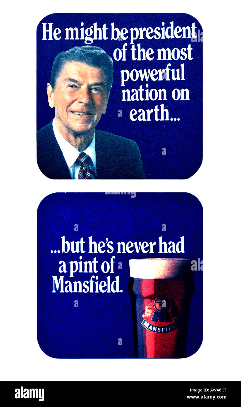 1980er Jahren Bier Matte Mansfield Bitter Bier mit Ronald Reagan U.S. Präsident für nur zur redaktionellen Nutzung Stockfoto