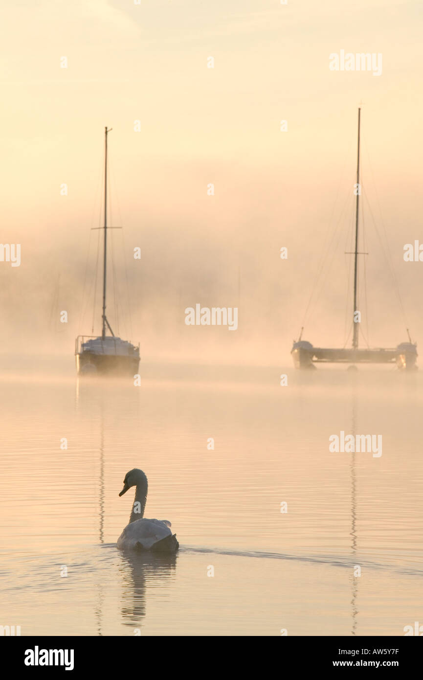 Lake Windermere an einem nebligen Wintern Morgen Stockfoto
