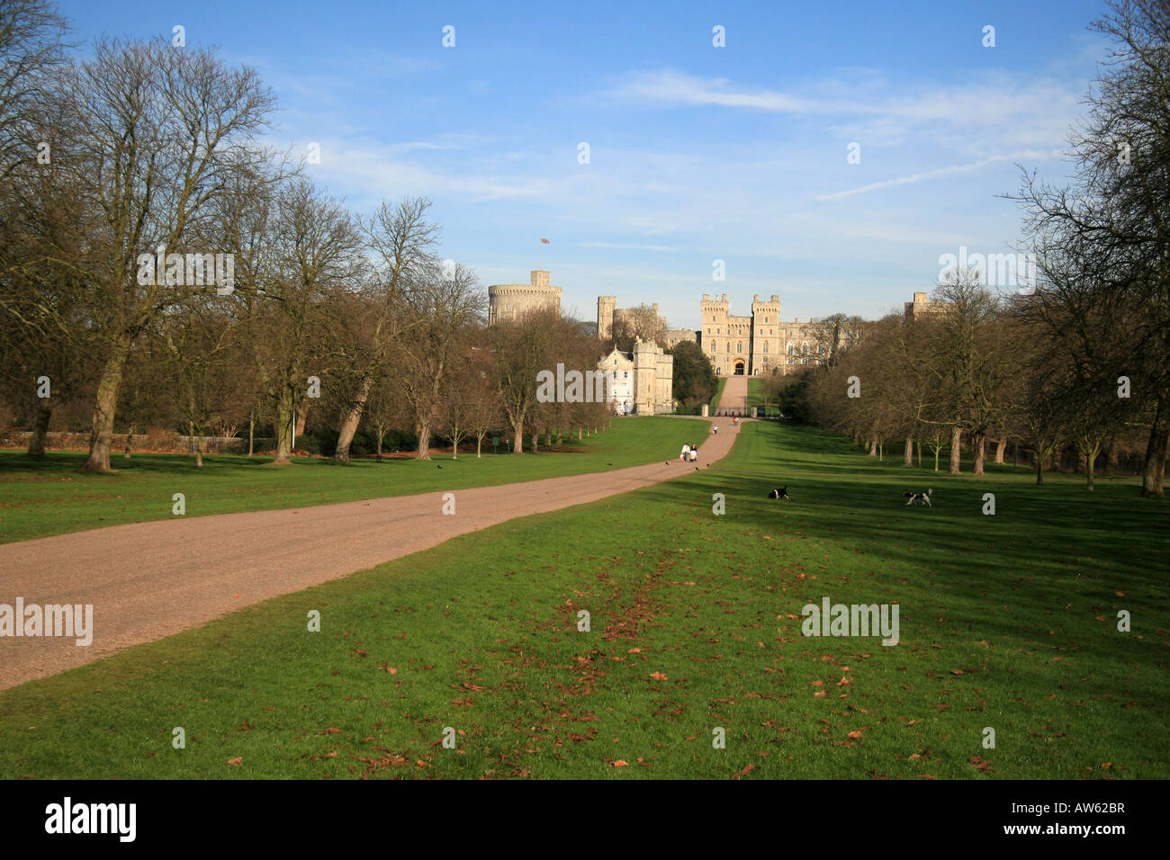 Der Runde Turm und State Apartments von Windsor Castle betrachtet von The Long Walk, Windsor Great Park, England. Stockfoto
