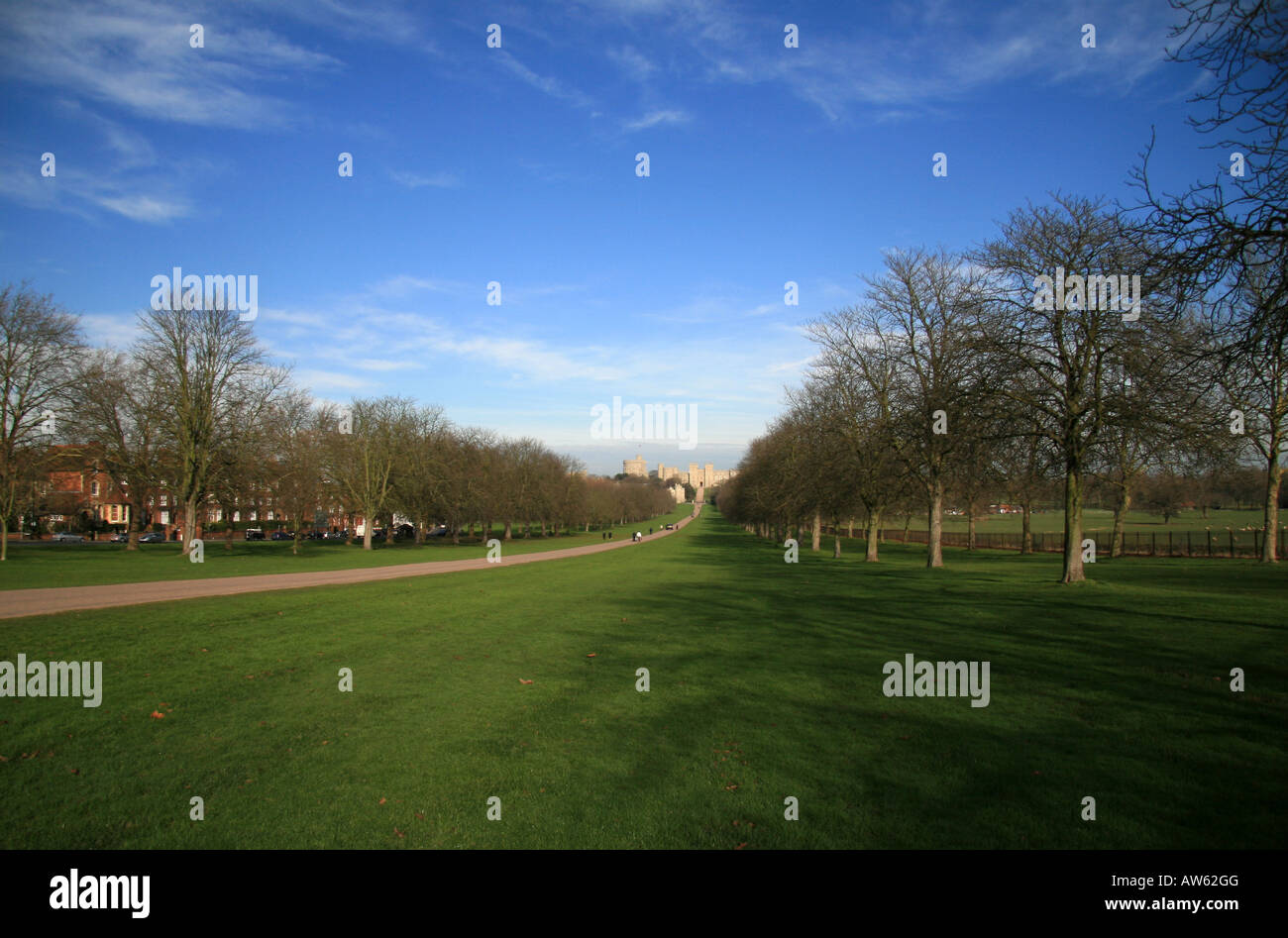 Der Runde Turm und State Apartments von Windsor Castle betrachtet von The Long Walk, Windsor Great Park, England. Stockfoto