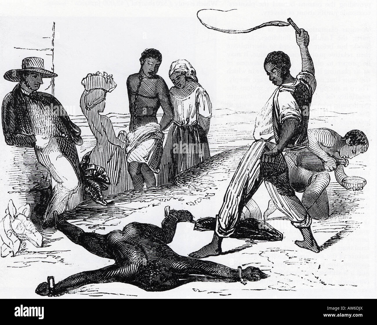 Sklaverei IN WESTINDIEN aus dem 18. Jahrhundert Gravur zeigt eine Sklavin gepeitscht von einem anderen Sklaven als ihren Meister blickt auf. Stockfoto