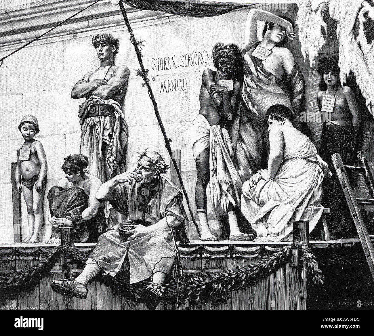 RÖMISCHEN SKLAVENMARKT wie in einem 19. Jahrhundert Gravur dargestellt mit jeder Slave eine kurze Geschichte und Preis um den Hals Stockfoto