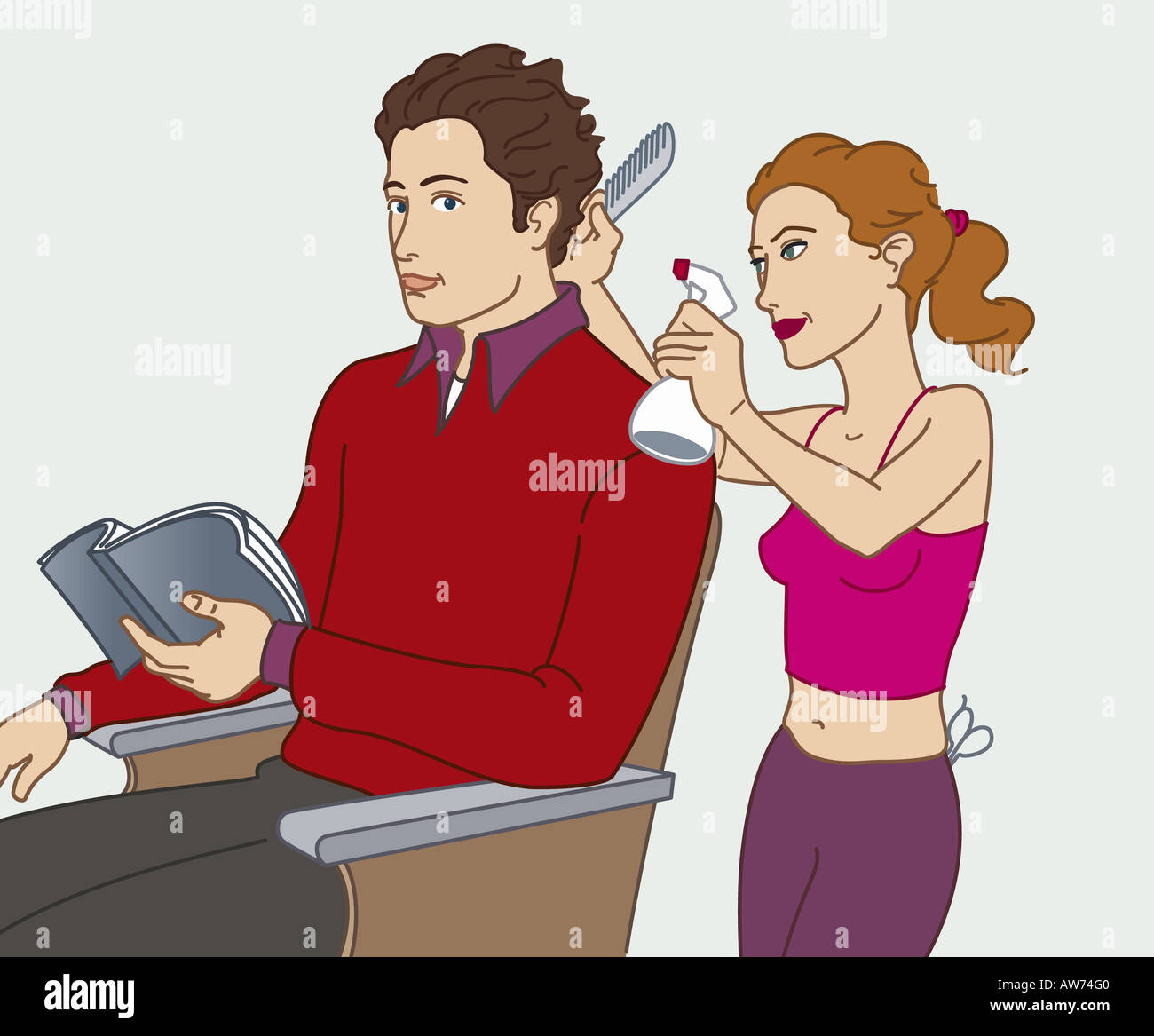 Mann liest Buch beim Haare gemacht haben Stockfoto