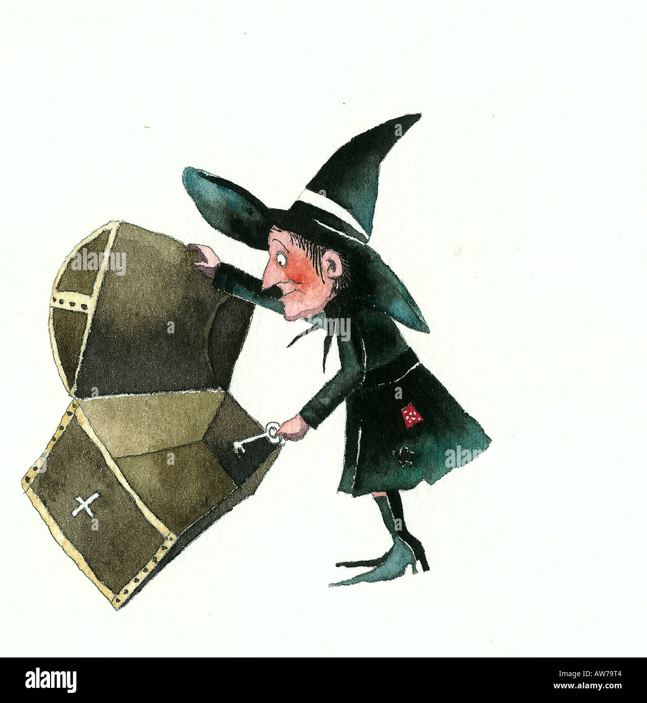 Hexe, die auf der Suche in einem leeren Kofferraum Stockfoto