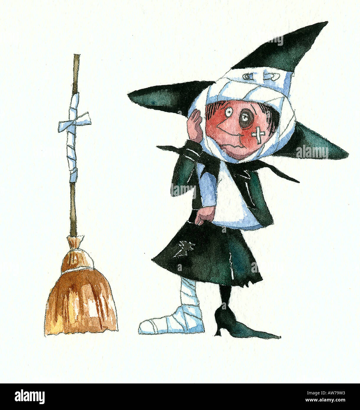 Nach einem Unfall mit ihrem Besen Hexe Stockfoto