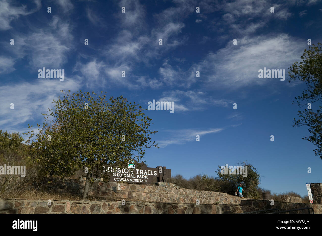 Ortseingangsschild Mission Trails Cowles Berg San Diego, Kalifornien, USA Stockfoto