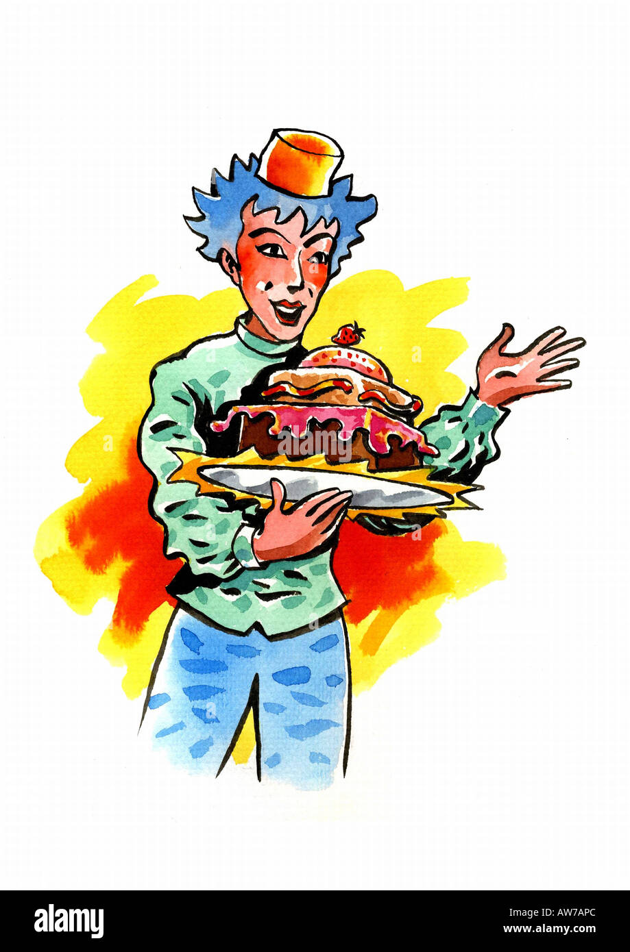 Kellner präsentiert einen Geburtstag Kuchen Stockfoto