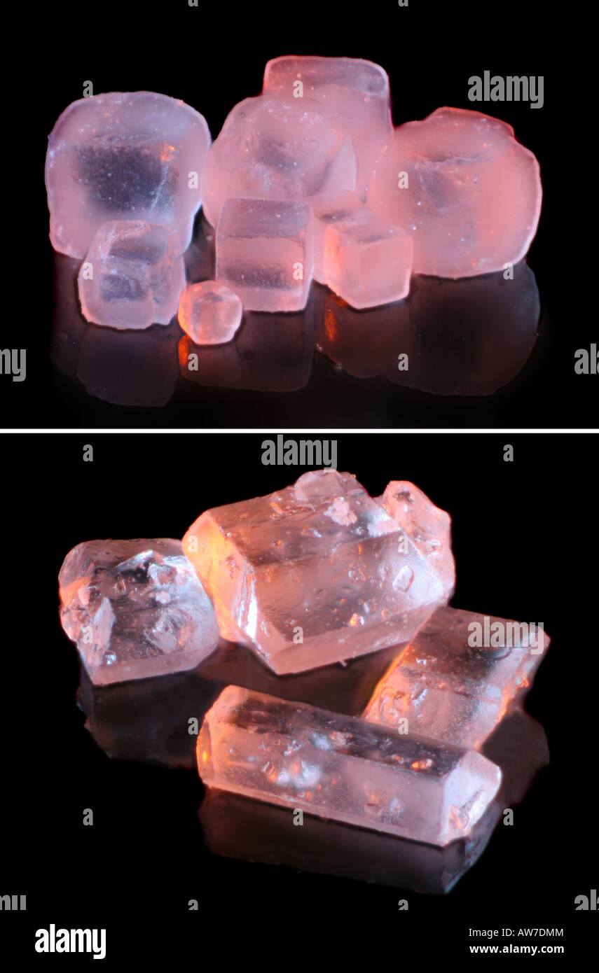 Kristalle von Salz und granulierten Zucker. Stockfoto