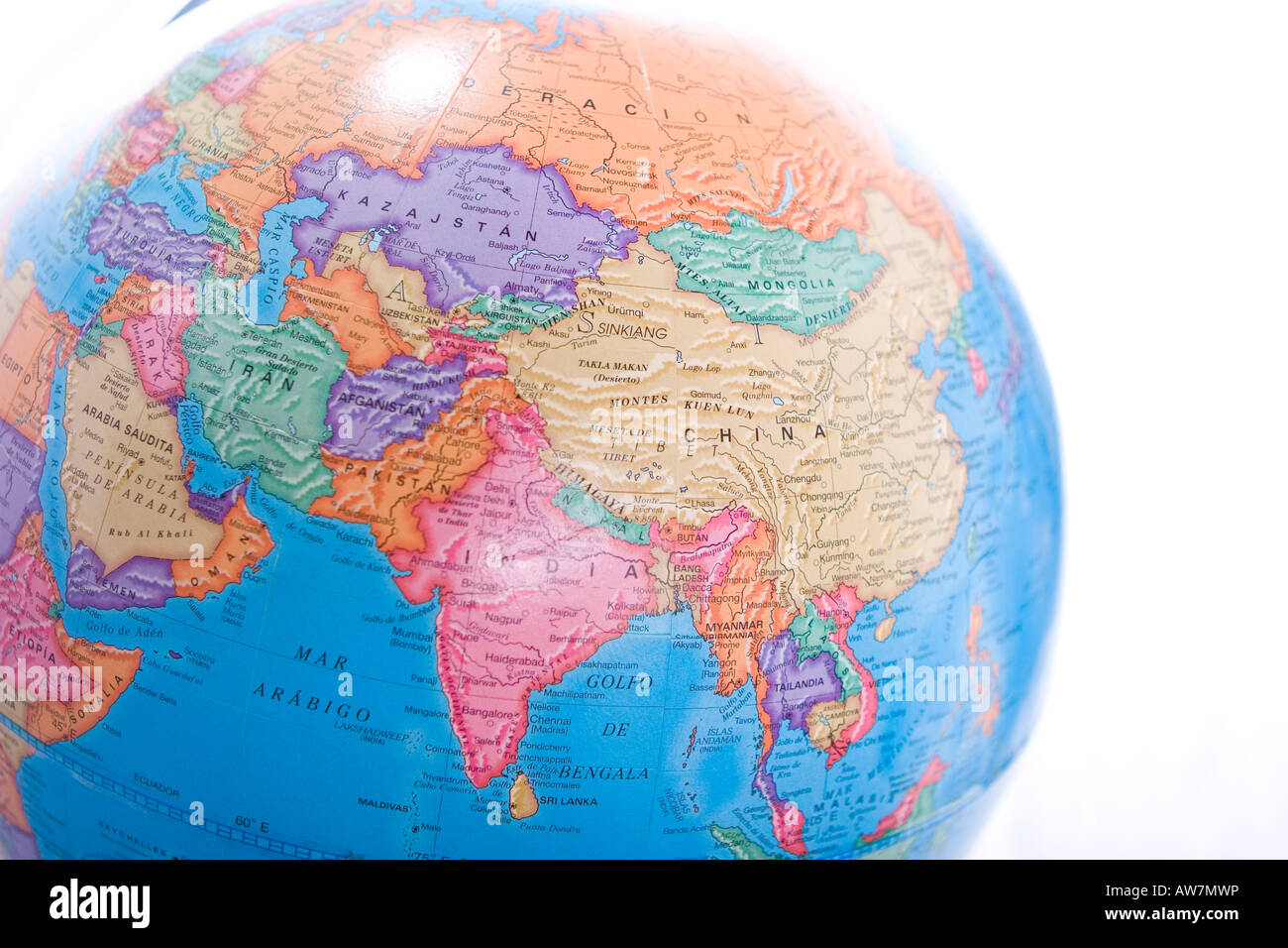 Welt Karte Globus zeigt Asien Kontinent isoliert auf weißem Hintergrund Stockfoto