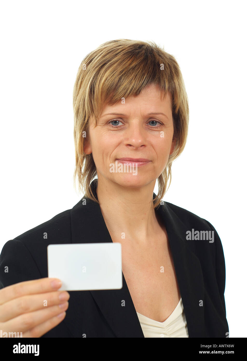 Geschäftsfrau mit Visitenkarte erschossen Studio auf weißem Hintergrund Stockfoto