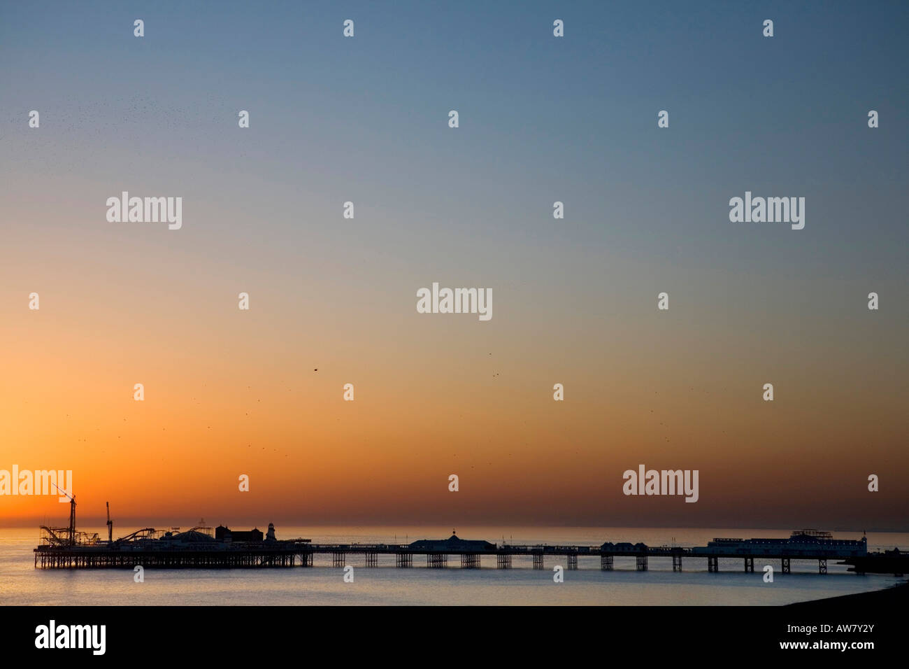 Stare fliegen über Brighton Pier bei Sonnenuntergang Stockfoto