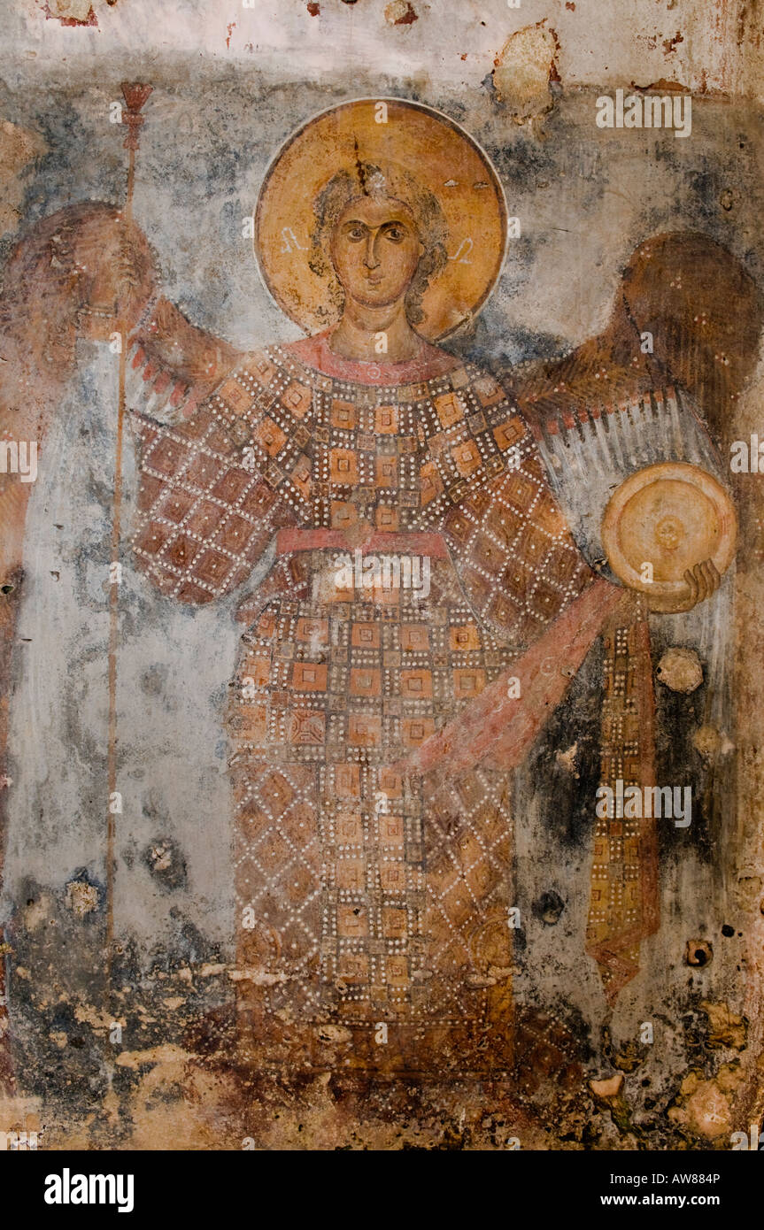 Ein Fresko des Taxiarch Erzengel Michael in die Kirche von Odigitria, Tiefe Mani nahe Stawri südlichen Peloponnes, Griechenland Stockfoto