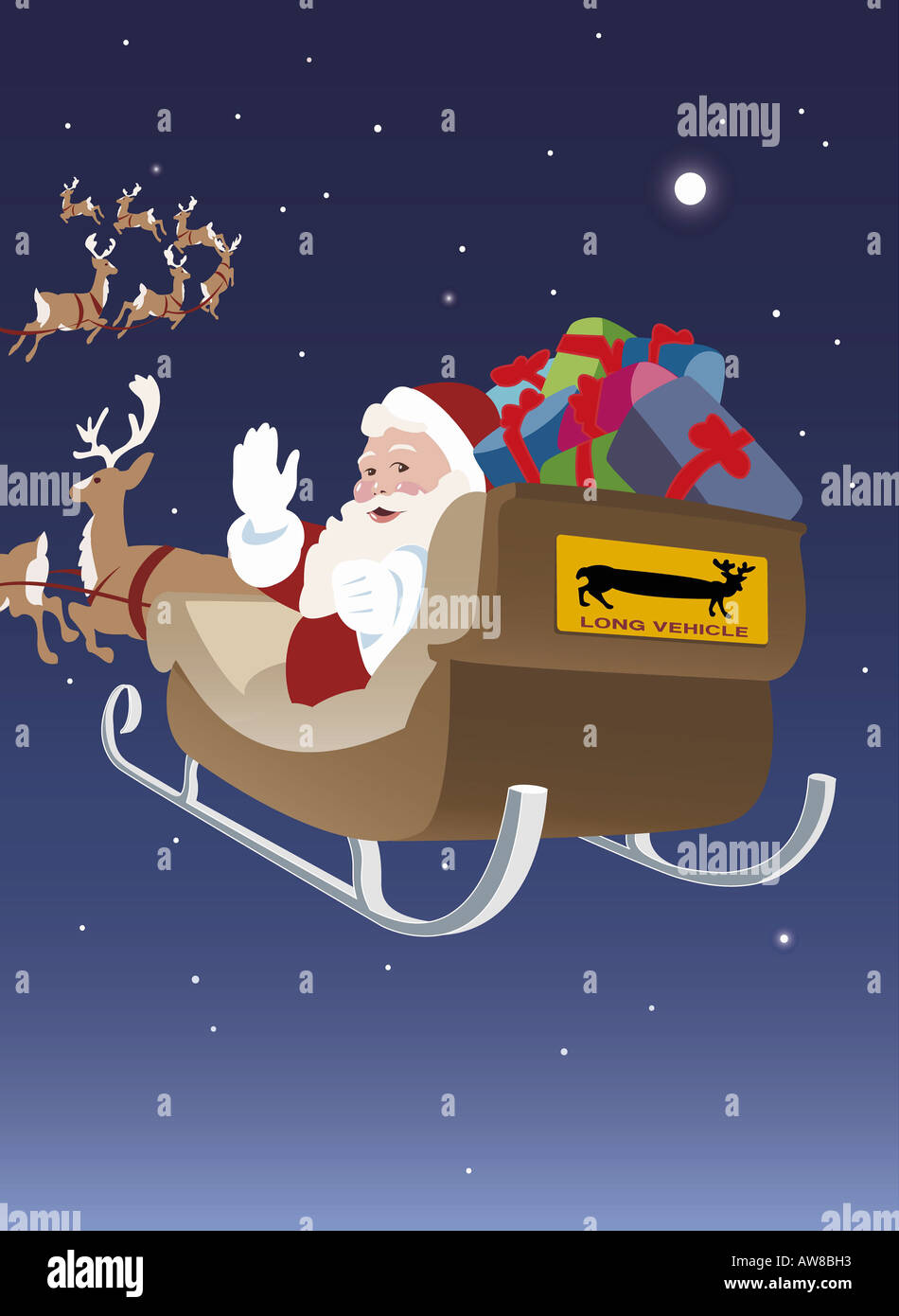 Weihnachtsmann mit seinem Schlitten in die Nacht gehen zu verteilen präsentiert Stockfoto