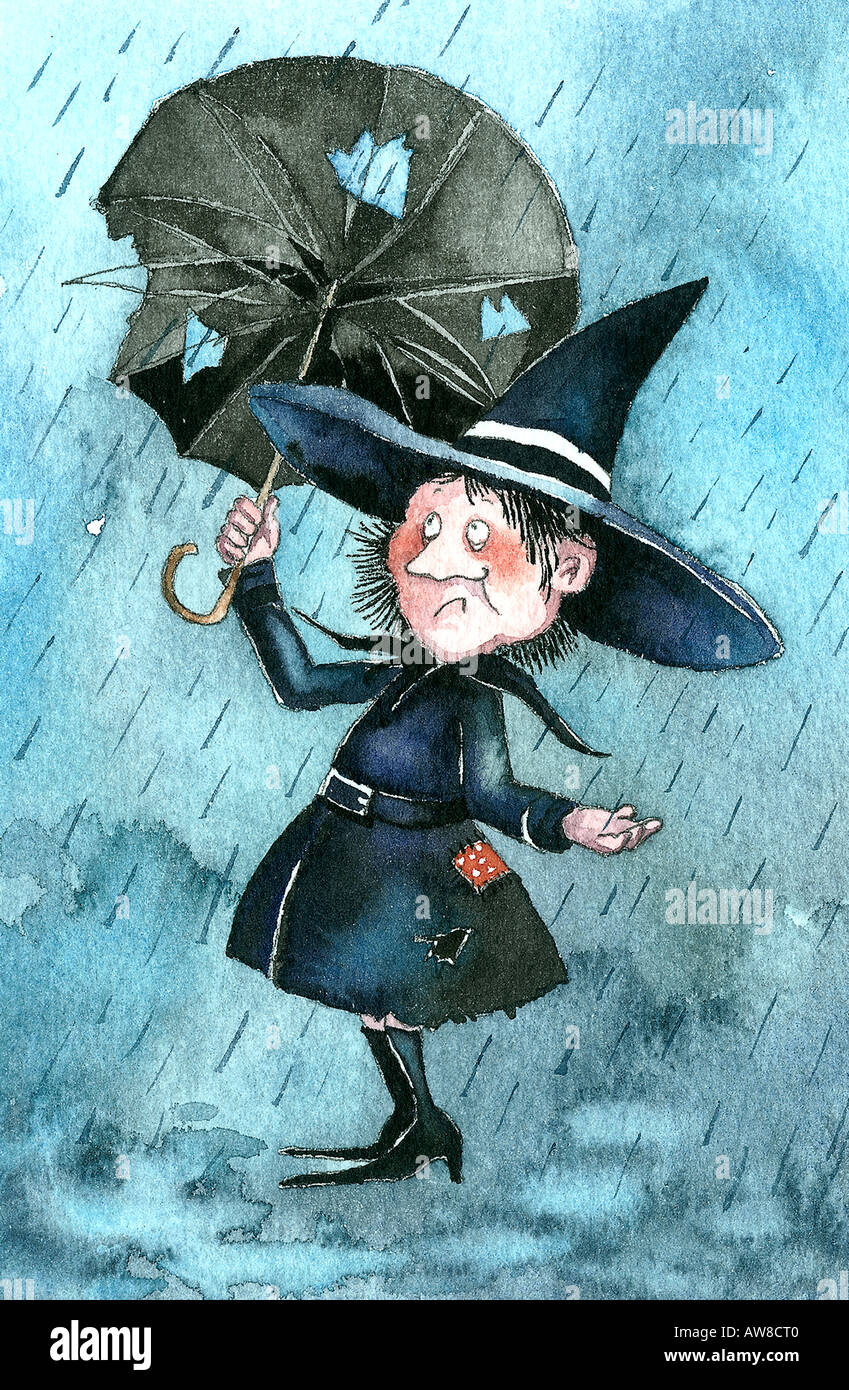 Hexe gefangen im Regen mit gebrochenen Regenschirm Stockfotografie - Alamy