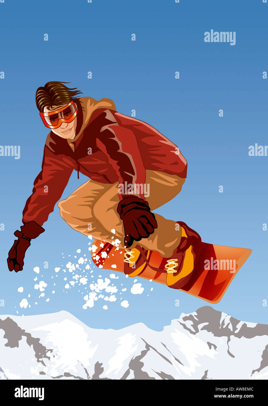 Junger Mann auf seinem Snowboard in der Luft Stockfoto