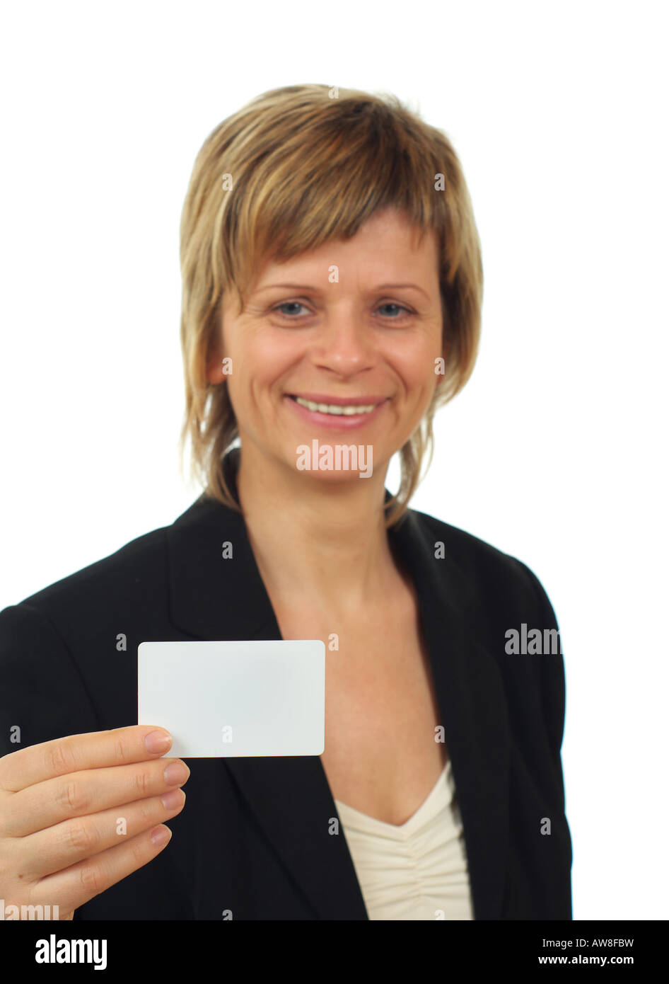 Geschäftsfrau mit Visitenkarte Fokus auf der Karte Stockfoto