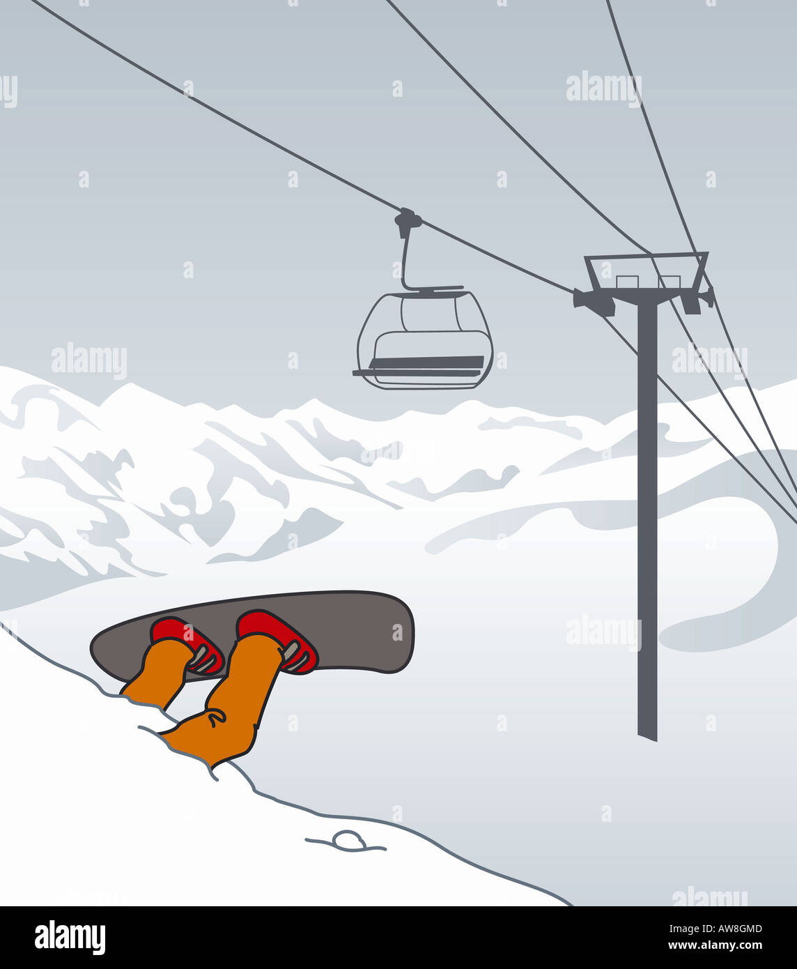 Mannes Beinen ragte aus dem Schnee mit Snowboard angebracht Stockfoto