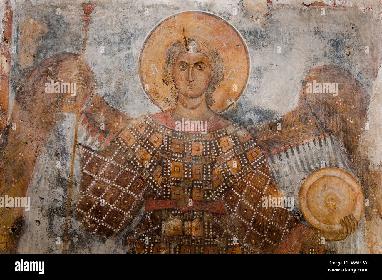 Ein Fresko des Taxiarch Erzengel Michael in die Kirche von Odigitria, Tiefe Mani nahe Stawri südlichen Peloponnes, Griechenland Stockfoto