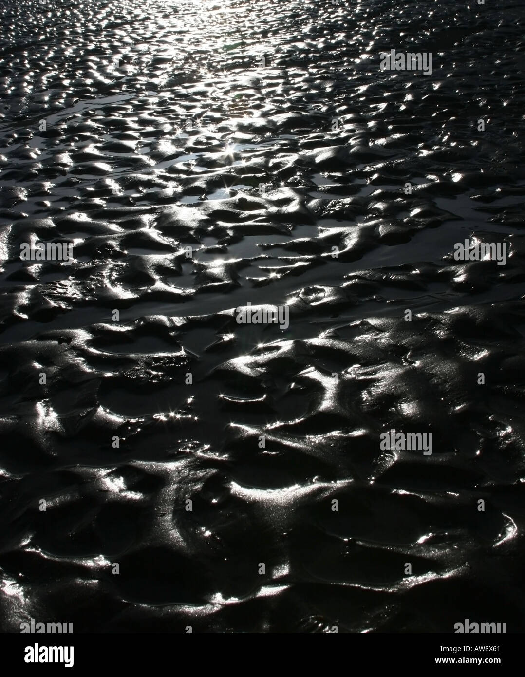 Sonne glänzt auf schwarzen Sand von ausgehende Flut gewellt Stockfoto