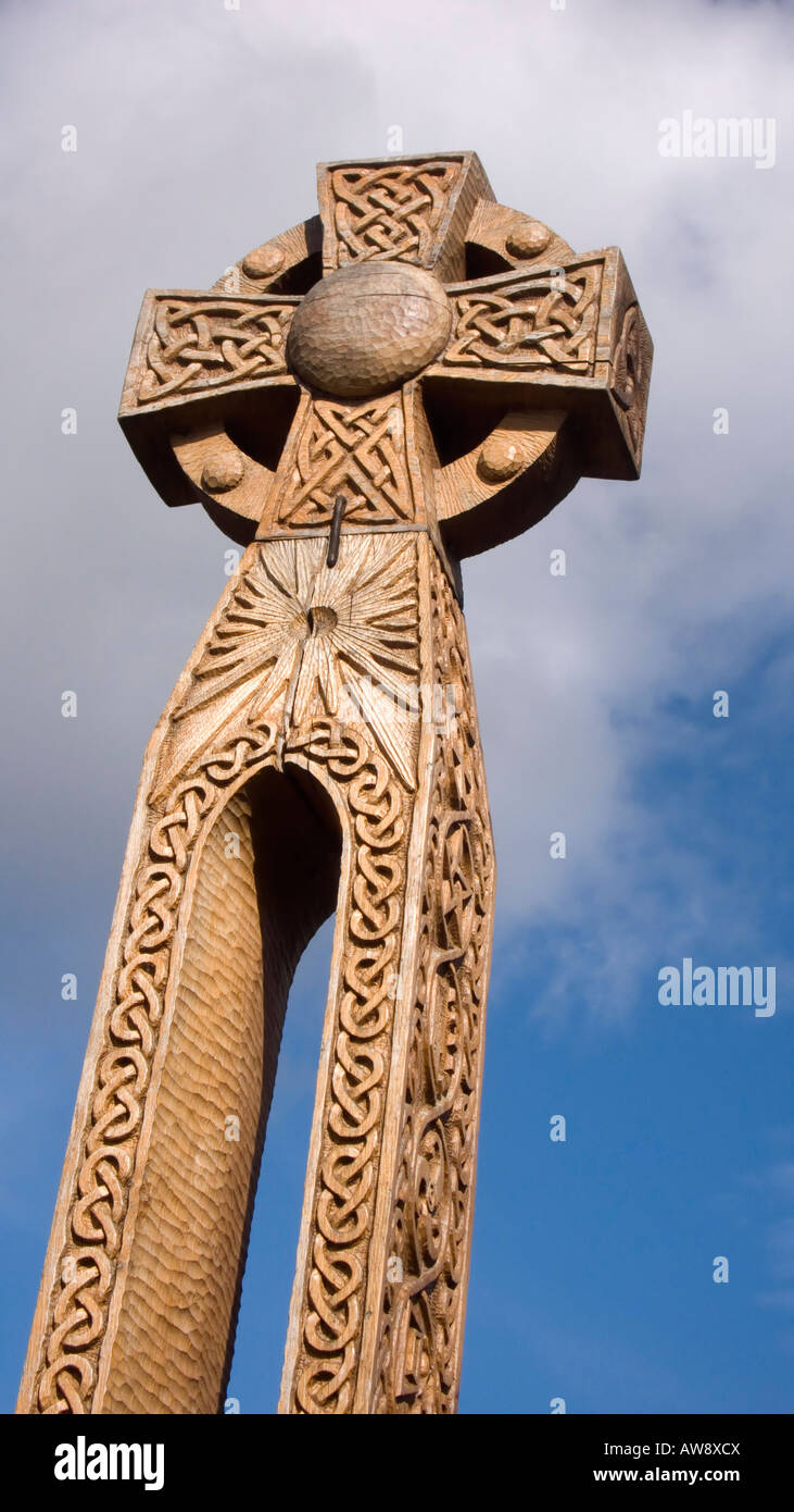 Geschnitzte sächsische Kreuz in Sandbach, Cheshire UK Stockfoto