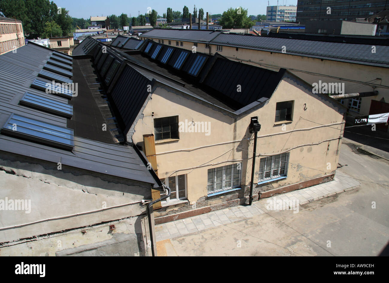 Mit Blick auf die wichtigsten Werksgelände von Oskar Schindlers Deutsche Emaillewaren-Fabrik Fabrik in der Ul. Lipowa, Krakau, Polen. Stockfoto