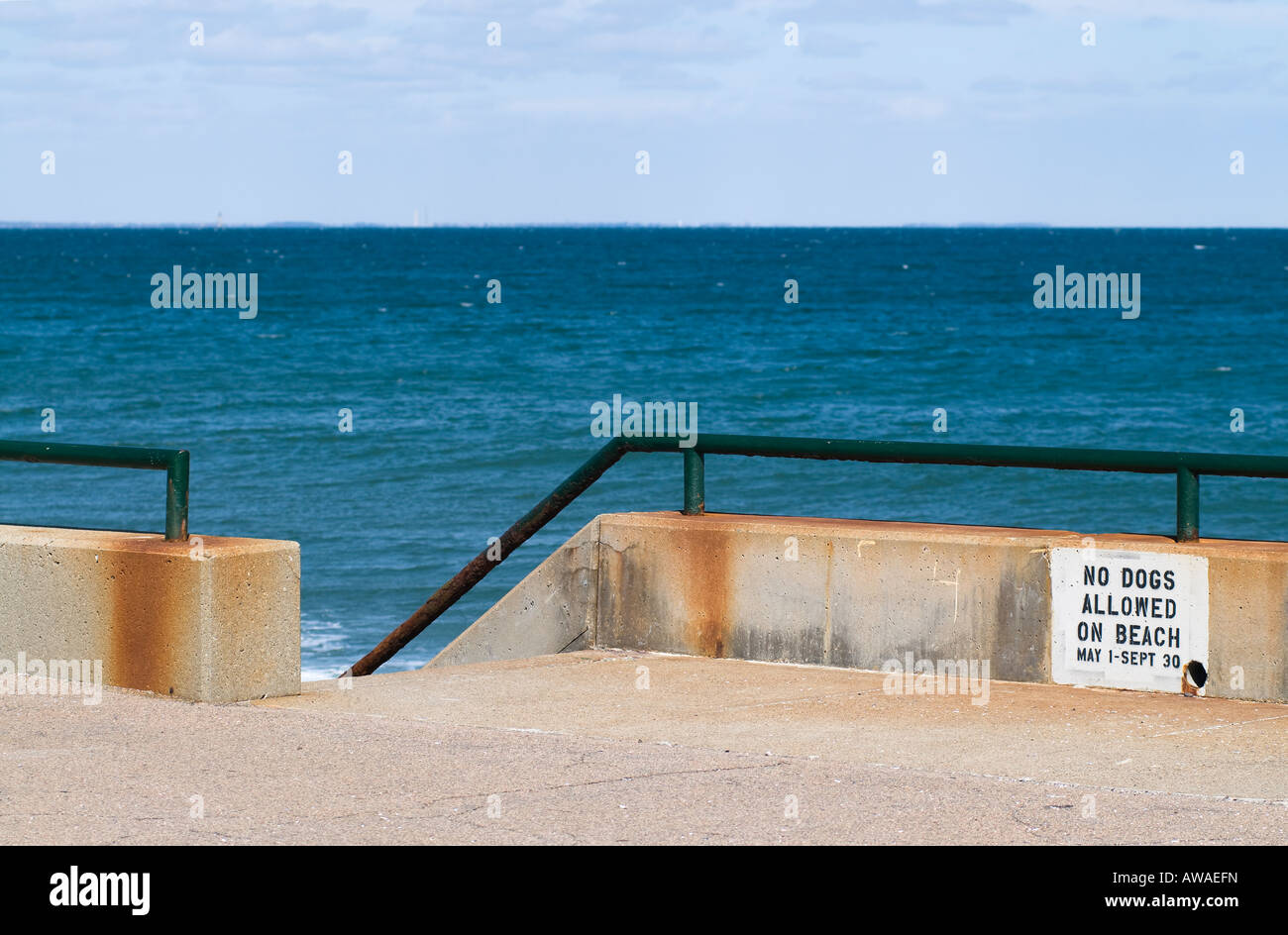 Eingang zu einem New England Strand mit Regeln zum Verbot Hunde während der Sommermonate. Stockfoto