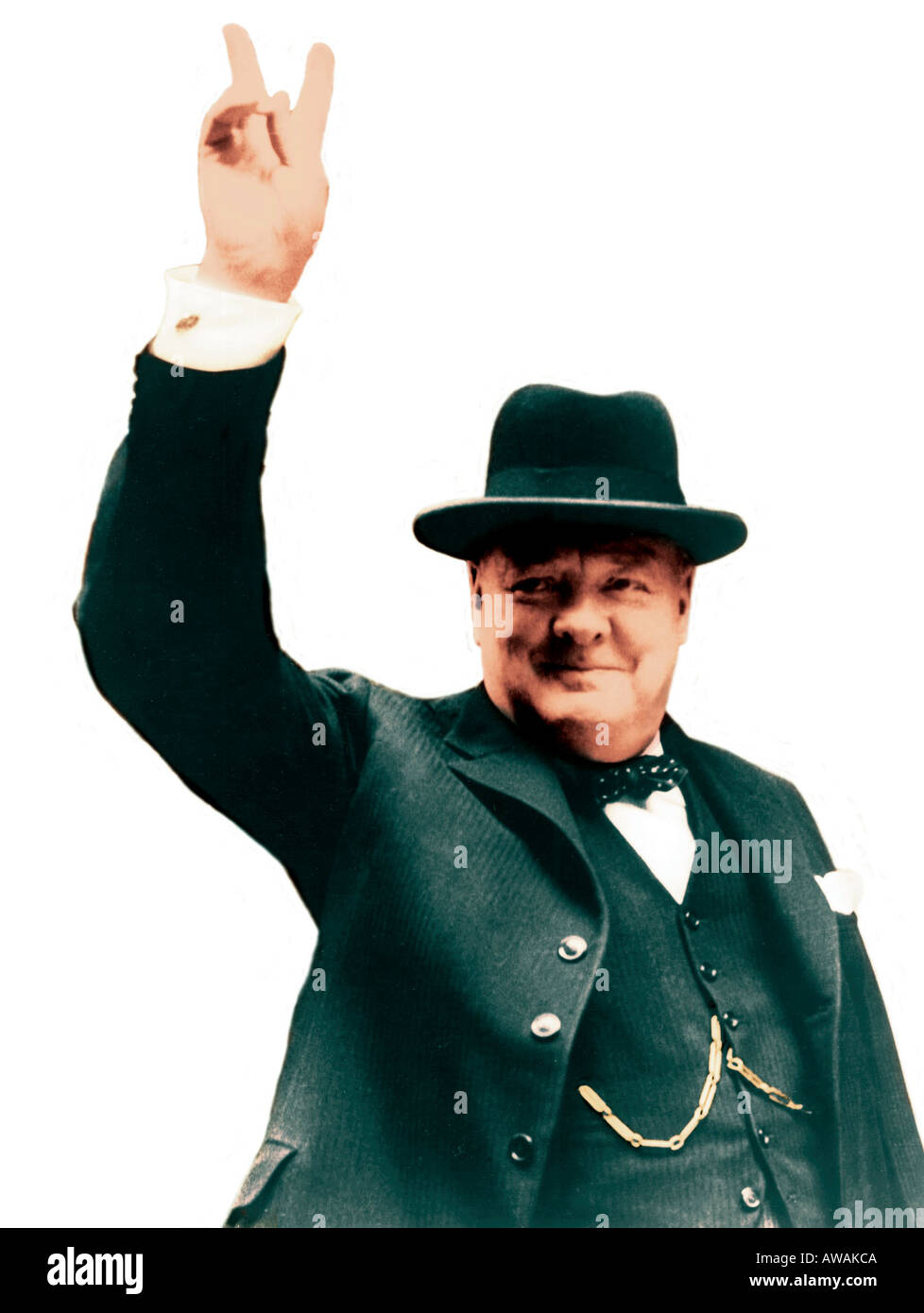 WINSTON CHURCHILL (1874-1965) seine berühmten V für den Sieg geben melden Sie als britischer Premierminister im April1945 Stockfoto