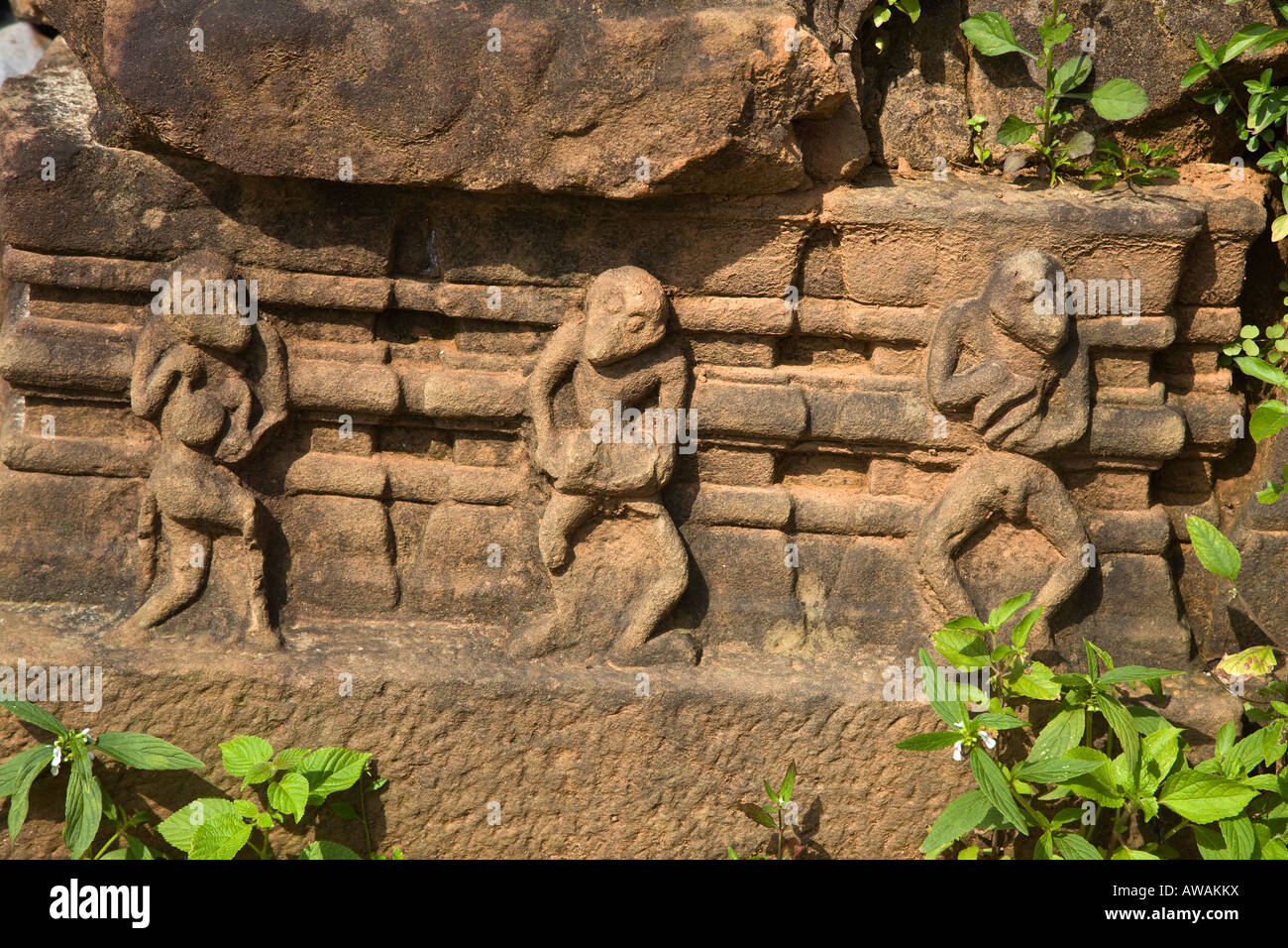 Alte Mauer Schnitzereien von tanzenden Affen reflektieren die MALAYO POLYNESISCHE Architektur der CHIEN DANG Ruinen TAM KY VIETNAM Stockfoto