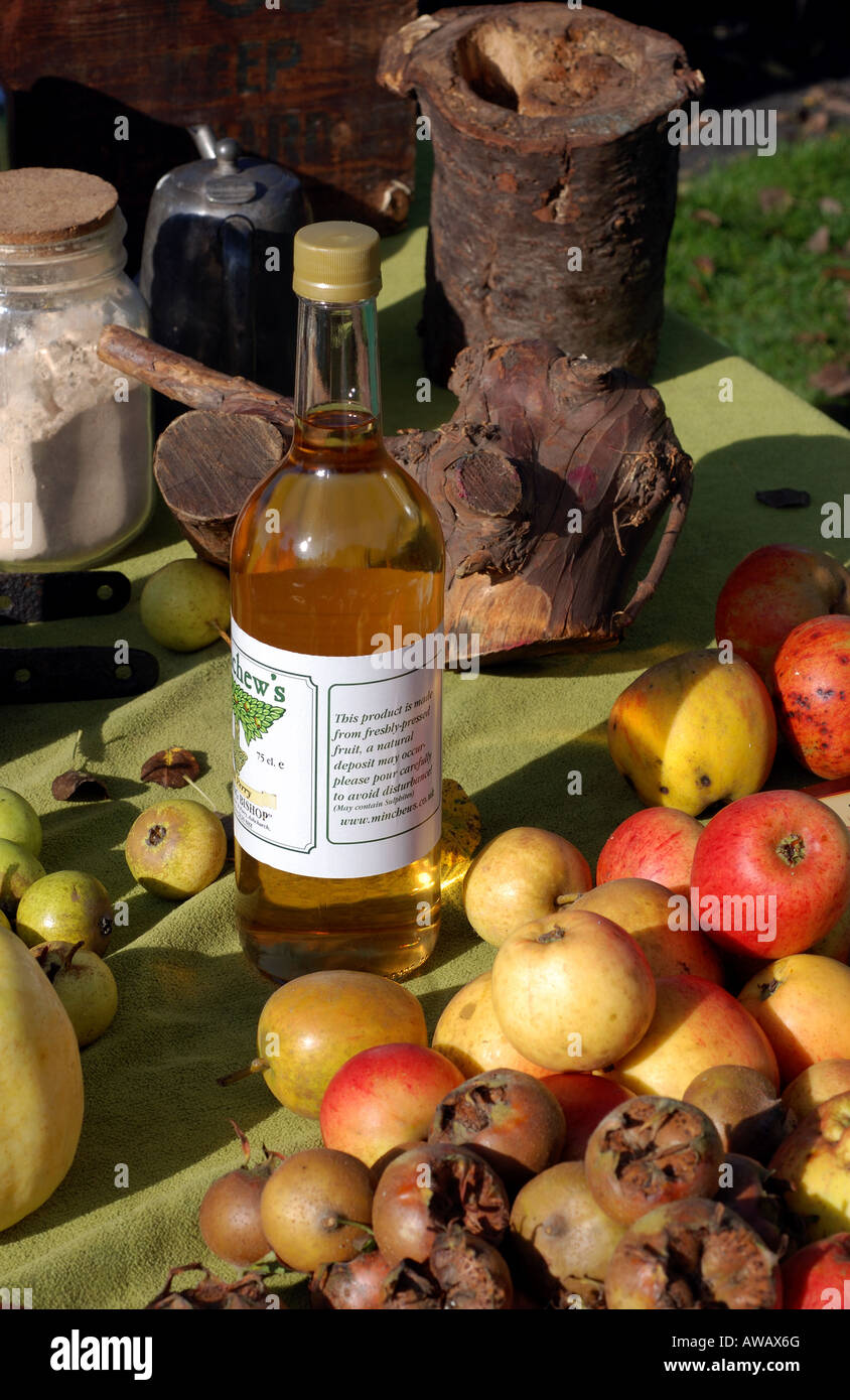 Äpfel und eine Flasche alkoholfreien Apfelsaft Stockfoto