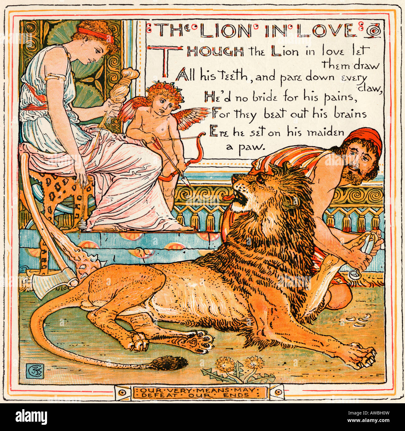 Der Löwe in der Liebe. Aus dem Buch Baby's Own Aesop von Walter Crane, erschienen um 1920. Stockfoto