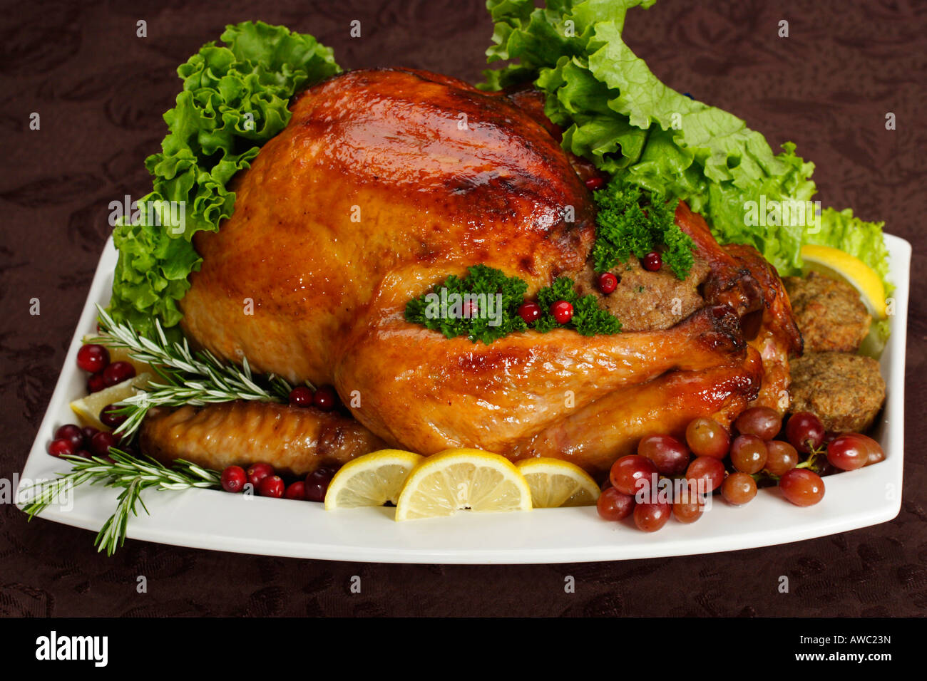 Der gebratene, ganz gefüllte Truthahn mit Gemüse auf einem Teller, Weihnachtsessen-Bilder, Fotos, Verkauf für auf Alamy horizontal in USA US hochauflösend Stockfoto