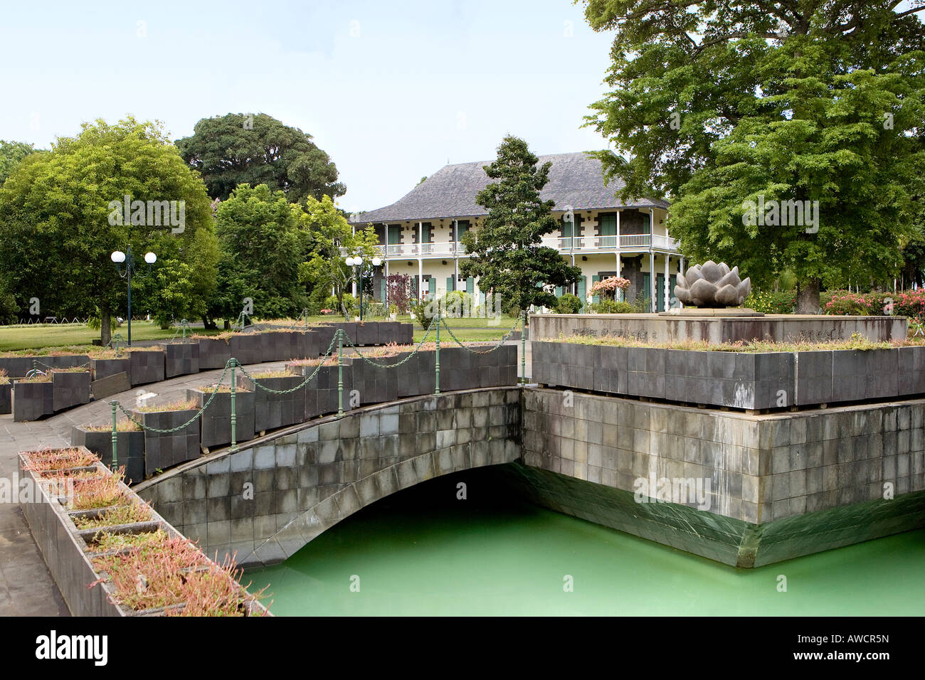 Gedenkstätte und Le Chateau de Mon Plaisir, Sir Seewoosagur Ramgoolam Botanical Gardens, Pamplemousses, Mauritius Stockfoto