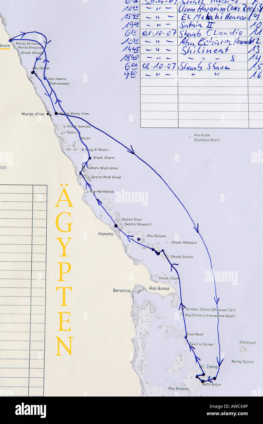 Schiff-Route für touristischen Tauchgang Ausflug, Rotes Meer, Ägypten Stockfoto