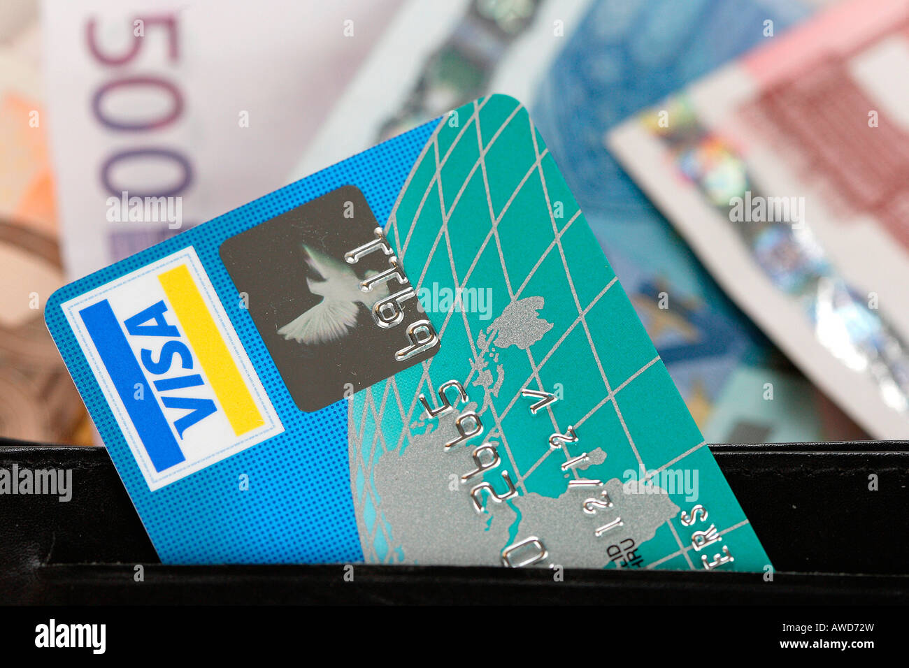 VISA-Kreditkarte in einem Geldbeutel und Euro-Banknoten Stockfoto