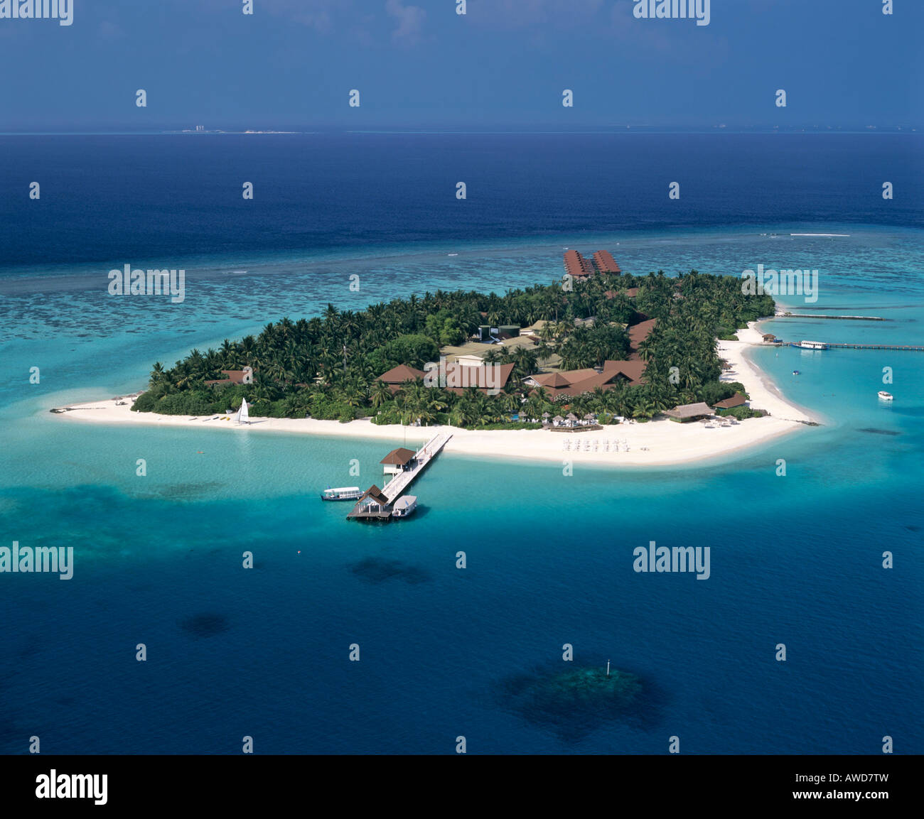 Laguna, Velassaru, Luftbild, Süd Male Atoll, Malediven, Indischer Ozean Stockfoto
