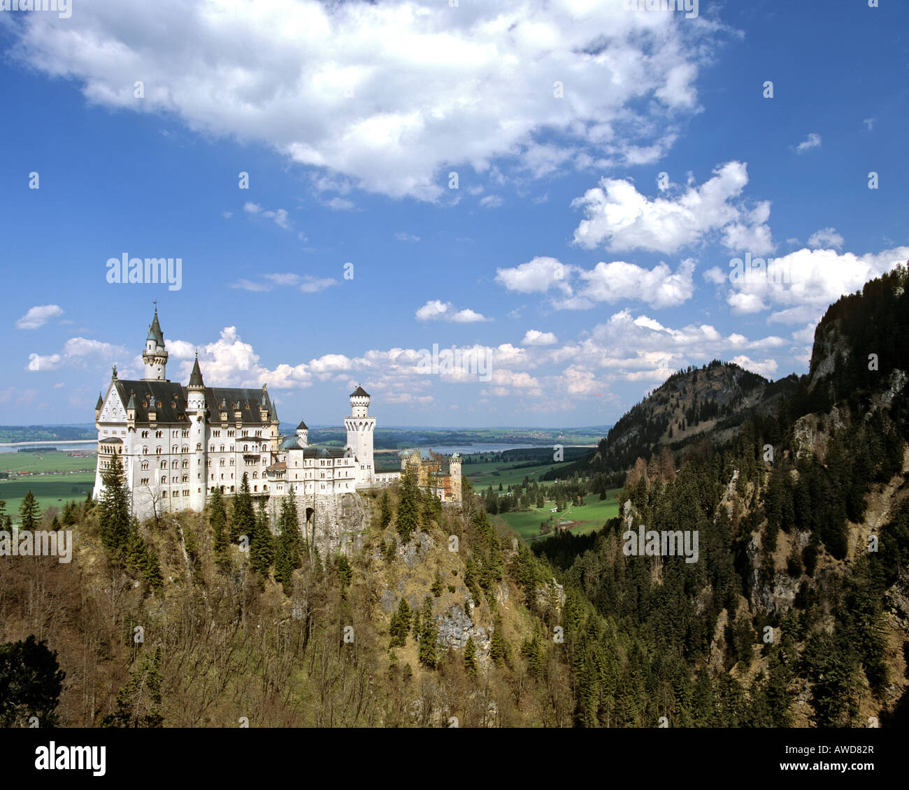 Schloss Neuschwanstein, Blick von Osten, Blick vom Marienbruecke, Forggensee, Allgäu, Bayern, Deutschland Stockfoto