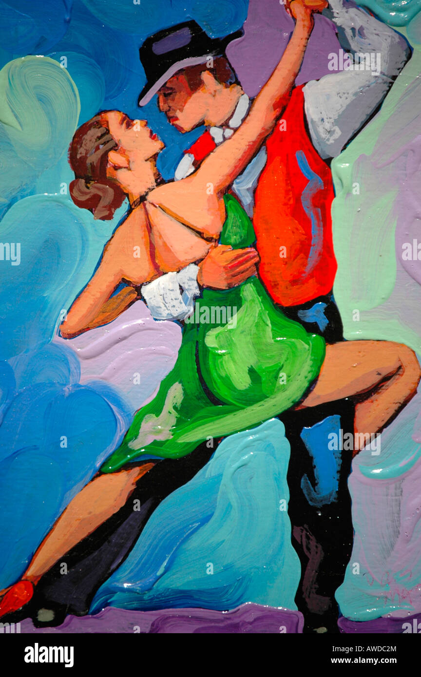 Gemälde von Tango-Tänzer am Caminito, La Boca, Buenos Aires, Argentinien Stockfoto