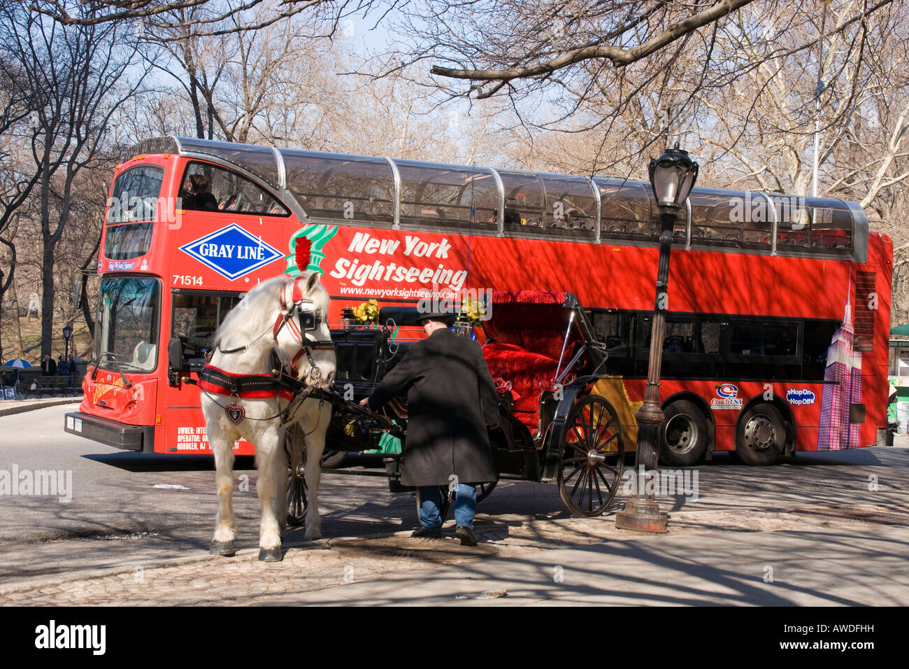 Pferdekutsche und Sightseeing-Bus am Central Park in New York Stockfoto